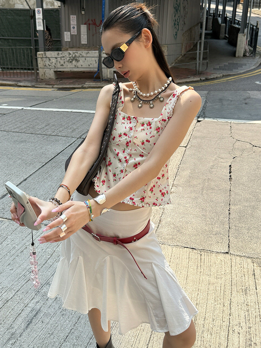 MMFISH stylish and chic flower-printed poplin square neck button design pressure-sensitive pleated retro halter 25C153