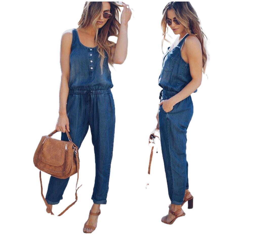 Women's fashionable, form-fitting, casual, cinched-waist vest and denim jumpsuit