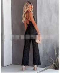 Women's , form-fitting sleeveless halter with backless solid color lace jumpsuit