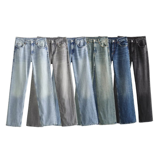 Straight-leg denim wide-leg pants for women, spring and autumn style, slimming floor-length pants