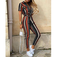 Women's casual lapel printed belt workwear jumpsuit
