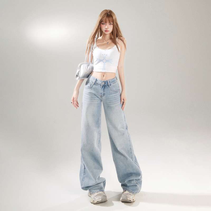 American retro low-waisted hot girl loose wide-leg pants, versatile spring and summer straight-leg jeans, women's trousers plus