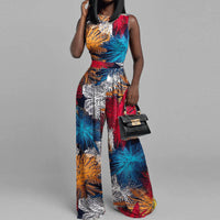 Women's spring fashion casual long pants, slim printed sleeveless jumpsuit