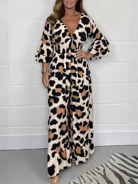 Women's fashion leopard print V-neck casual tight-waisted loose jumpsuit