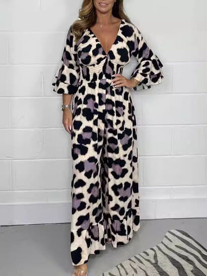 Women's fashion leopard print V-neck casual tight-waisted loose jumpsuit