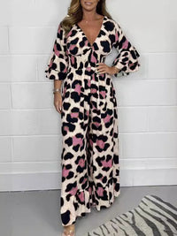 Women's fashion leopard print V-neck casual tight-waisted loose jumpsuit