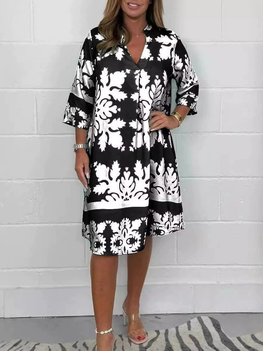 Autumn V-neck printed three-quarter sleeve floral women's one-piece dress