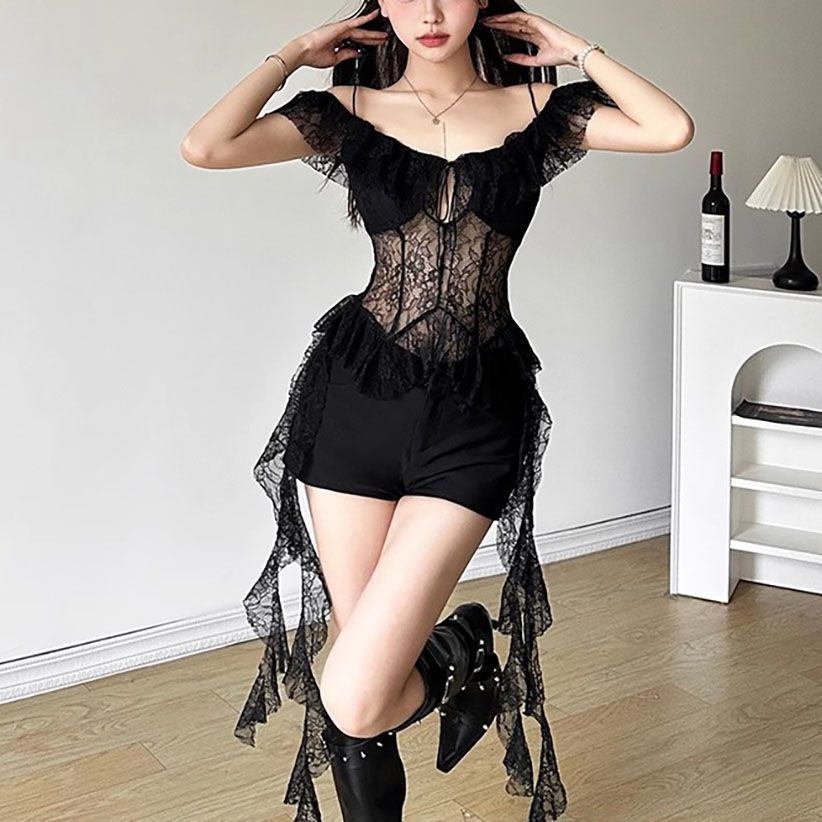 Spicy girl style pure sensual lace patchwork see-through halter top, black fungus lace short top