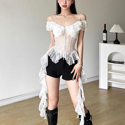 Spicy girl style pure sensual lace patchwork see-through halter top, black fungus lace short top