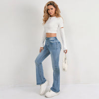 Light blue flared jeans are versatile and slimming for women. Long hoof-shaped jeans for women