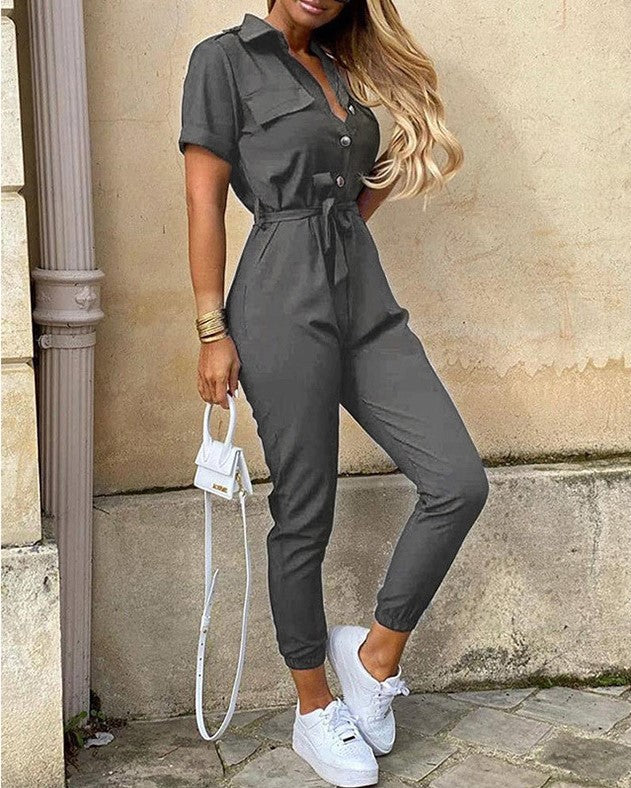 Women's casual lapel printed belt workwear jumpsuit