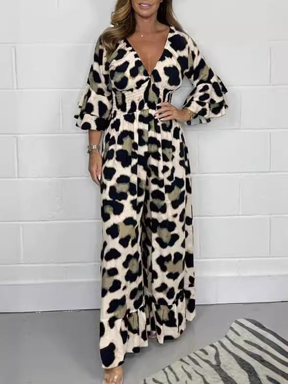 Women's fashion leopard print V-neck casual tight-waisted loose jumpsuit