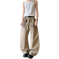 Reverse pocket design embroidered letter jeans with a curved silhouette, loose floor-length pants for women