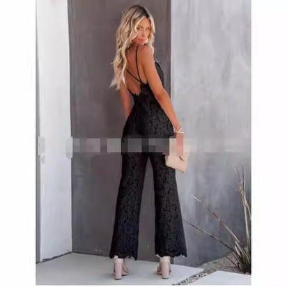 Women's , form-fitting sleeveless halter with backless solid color lace jumpsuit