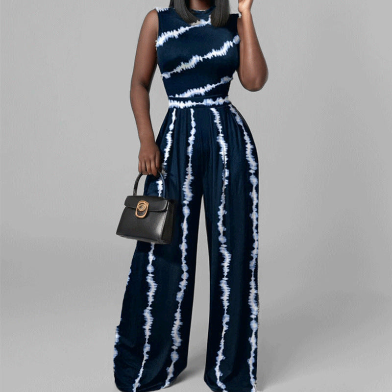 Women's spring fashion casual long pants, slim printed sleeveless jumpsuit