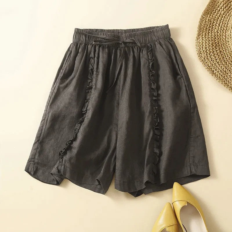 Cotton, linen and black ear trim design wide-leg shorts, women's artistic, retro, loose and casual five-inch mid-length pants