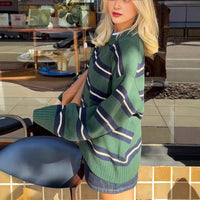 Trendy, loose and stylish, color-blocking striped patchwork pullover long-sleeved sweater for autumn and winter