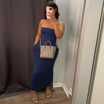 S390151 Women's  solid-color strapless dress, a fashionable and elegant long dress for women