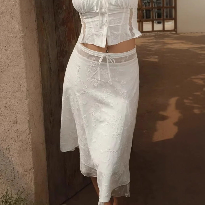 Summer new design sense mesh splicing hollow lace lace holiday style skirt skirt