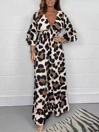 Women's fashion leopard print V-neck casual tight-waisted loose jumpsuit