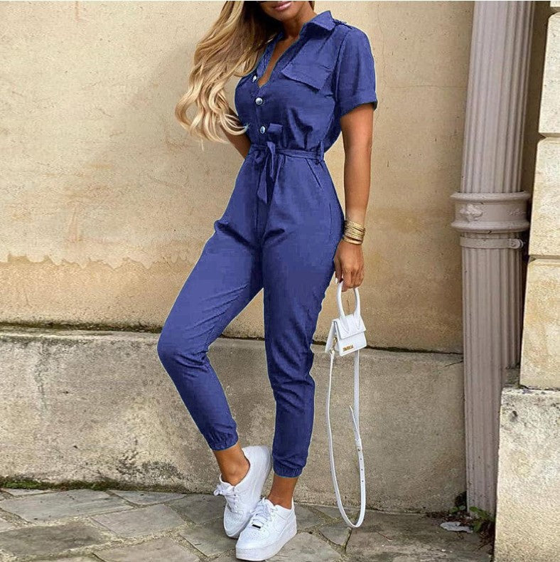 Women's casual lapel printed belt workwear jumpsuit