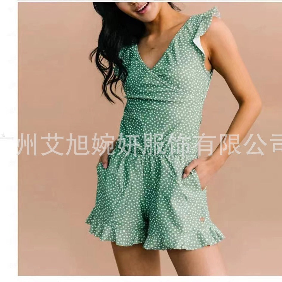 A versatile wave-striped tight-fitting spaghetti-strap sleeveless commuter jumpsuit for women