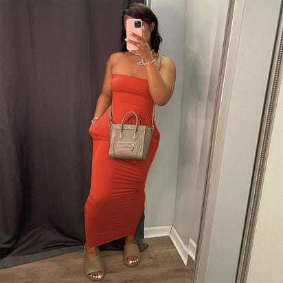 S390151 Women's  solid-color strapless dress, a fashionable and elegant long dress for women