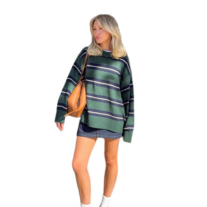 Trendy, loose and stylish, color-blocking striped patchwork pullover long-sleeved sweater for autumn and winter