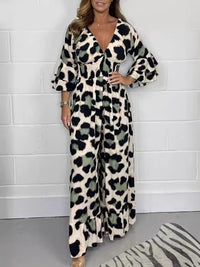 Women's fashion leopard print V-neck casual tight-waisted loose jumpsuit