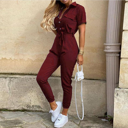 Women's casual lapel printed belt workwear jumpsuit