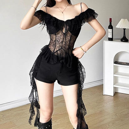 Spicy girl style pure sensual lace patchwork see-through halter top, black fungus lace short top