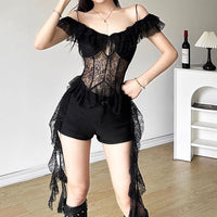 Spicy girl style pure sensual lace patchwork see-through halter top, black fungus lace short top