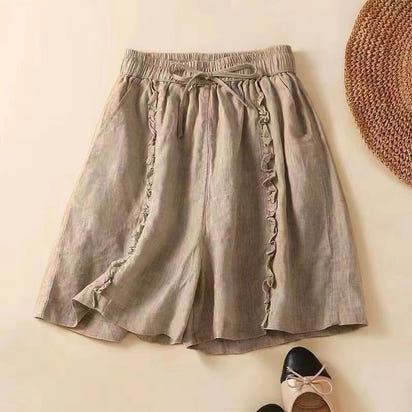Cotton, linen and black ear trim design wide-leg shorts, women's artistic, retro, loose and casual five-inch mid-length pants