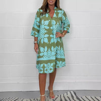 Autumn V-neck printed three-quarter sleeve floral women's one-piece dress