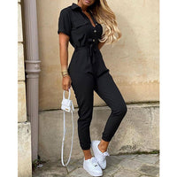 Women's casual lapel printed belt workwear jumpsuit