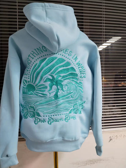 Embroidered off-the-shoulder sleeve hooded sweatshirt