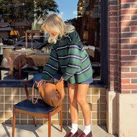 Trendy, loose and stylish, color-blocking striped patchwork pullover long-sleeved sweater for autumn and winter