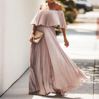 Spring new women's dress  off-the-shoulder one-line shoulder pleated chiffon party dress