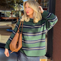 Trendy, loose and stylish, color-blocking striped patchwork pullover long-sleeved sweater for autumn and winter