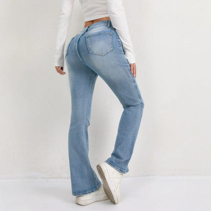 Light blue flared jeans are versatile and slimming for women. Long hoof-shaped jeans for women
