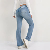 Light blue flared jeans are versatile and slimming for women. Long hoof-shaped jeans for women