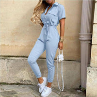 Women's casual lapel printed belt workwear jumpsuit