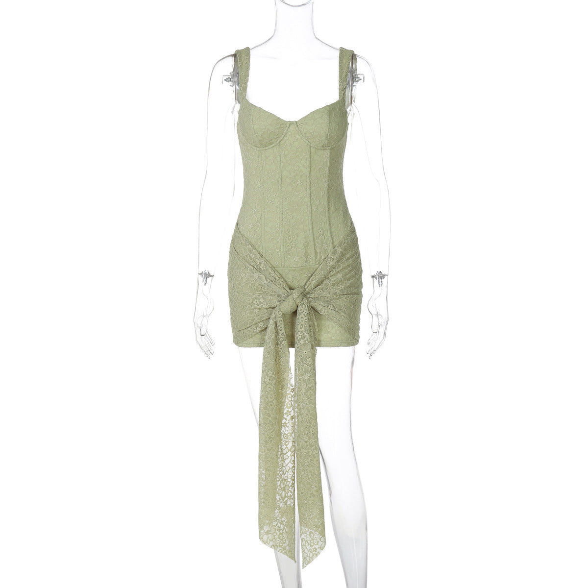 Lace V-neck, cinched waist, patchwork straps, hip-hugging and halter dress