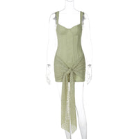 Lace V-neck, cinched waist, patchwork straps, hip-hugging and halter dress