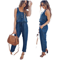 Women's fashionable, form-fitting, casual, cinched-waist vest and denim jumpsuit