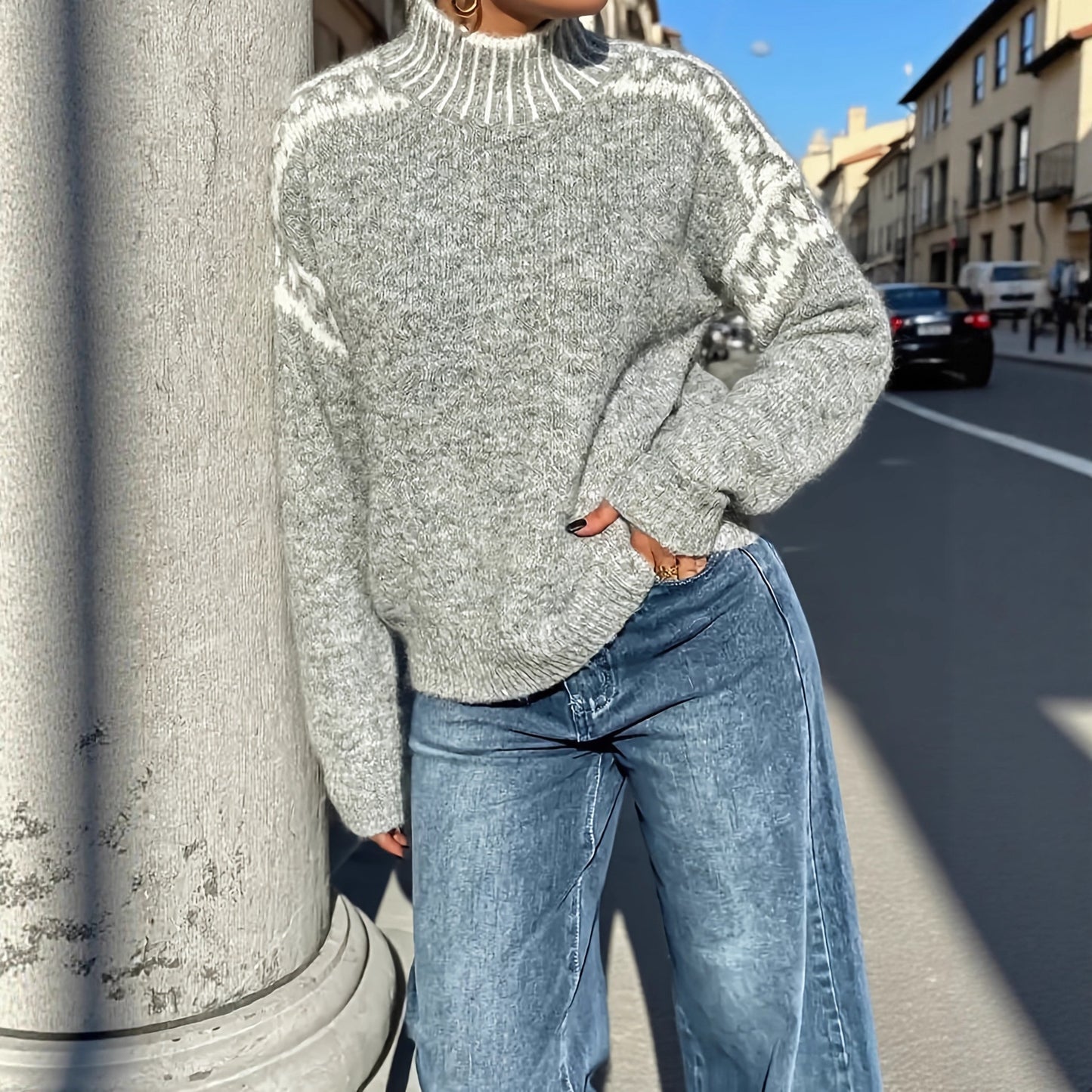 Grey high-neck sweater, jacquard design on the sleeves, loose-fitting pullover sweater