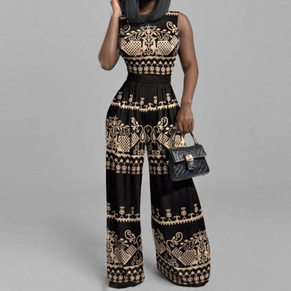 Women's spring fashion casual long pants, slim printed sleeveless jumpsuit