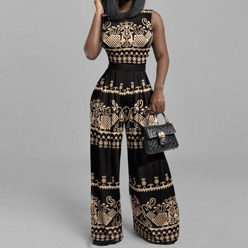 Women's spring fashion casual long pants, slim printed sleeveless jumpsuit