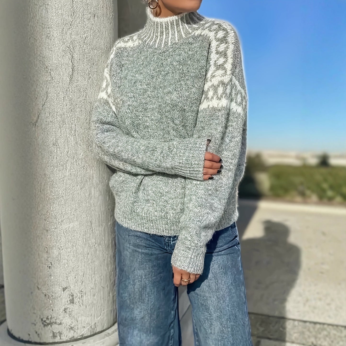 Grey high-neck sweater, jacquard design on the sleeves, loose-fitting pullover sweater