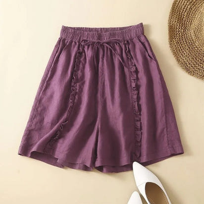 Cotton, linen and black ear trim design wide-leg shorts, women's artistic, retro, loose and casual five-inch mid-length pants